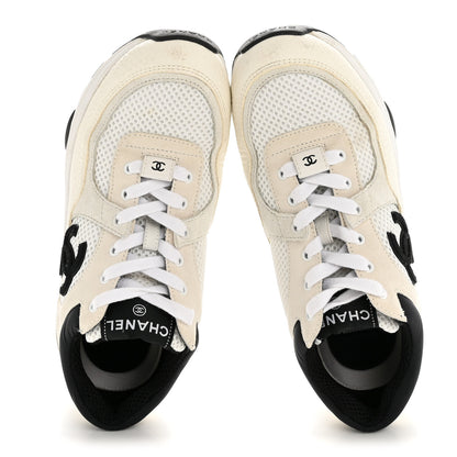Chanel Mesh Suede Grained Calfskin Womens CC Sneakers 36.5 White Black 2 of 9