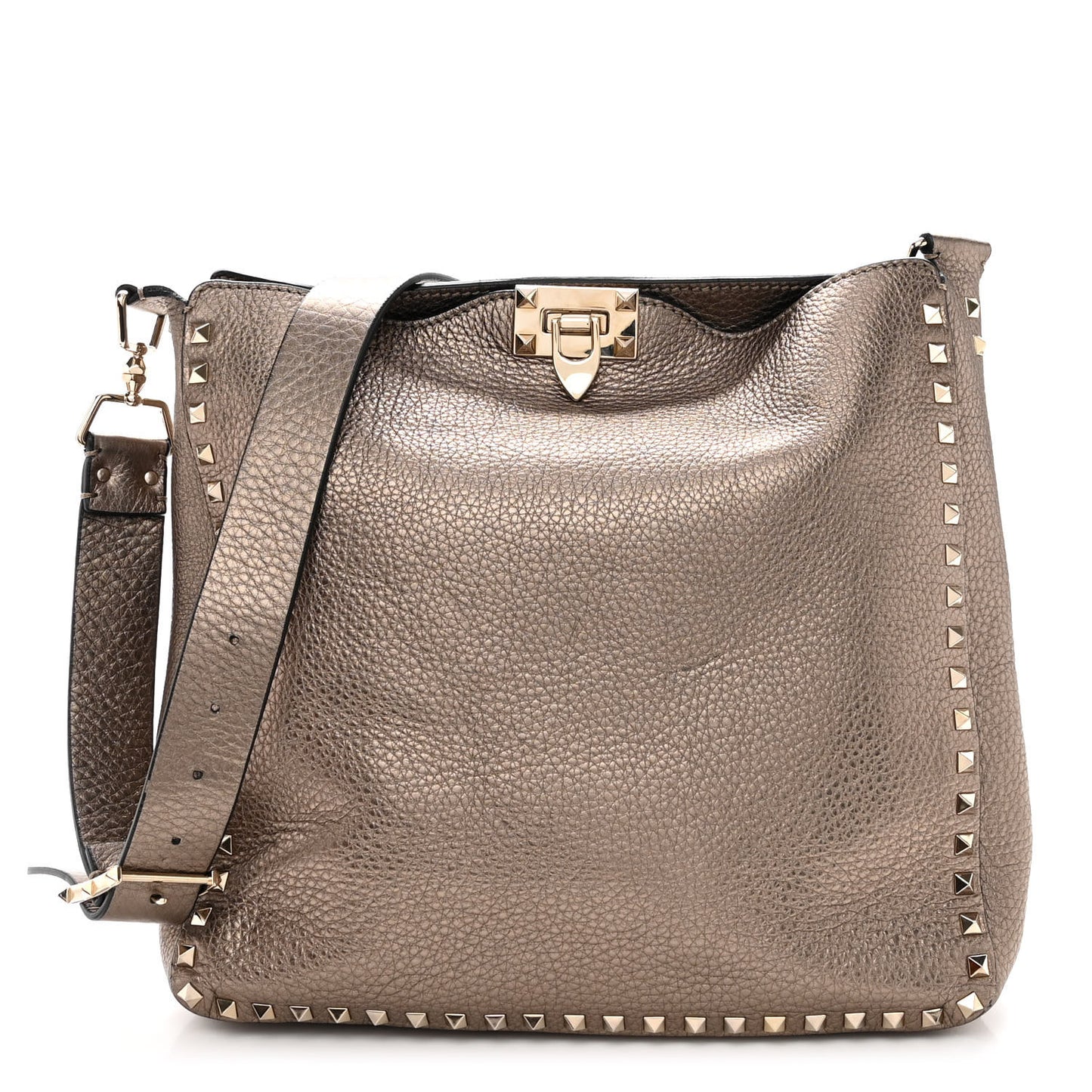 Metallic Pebbled Calfskin Large Rockstud Flip-Lock Messenger Bag Sasso