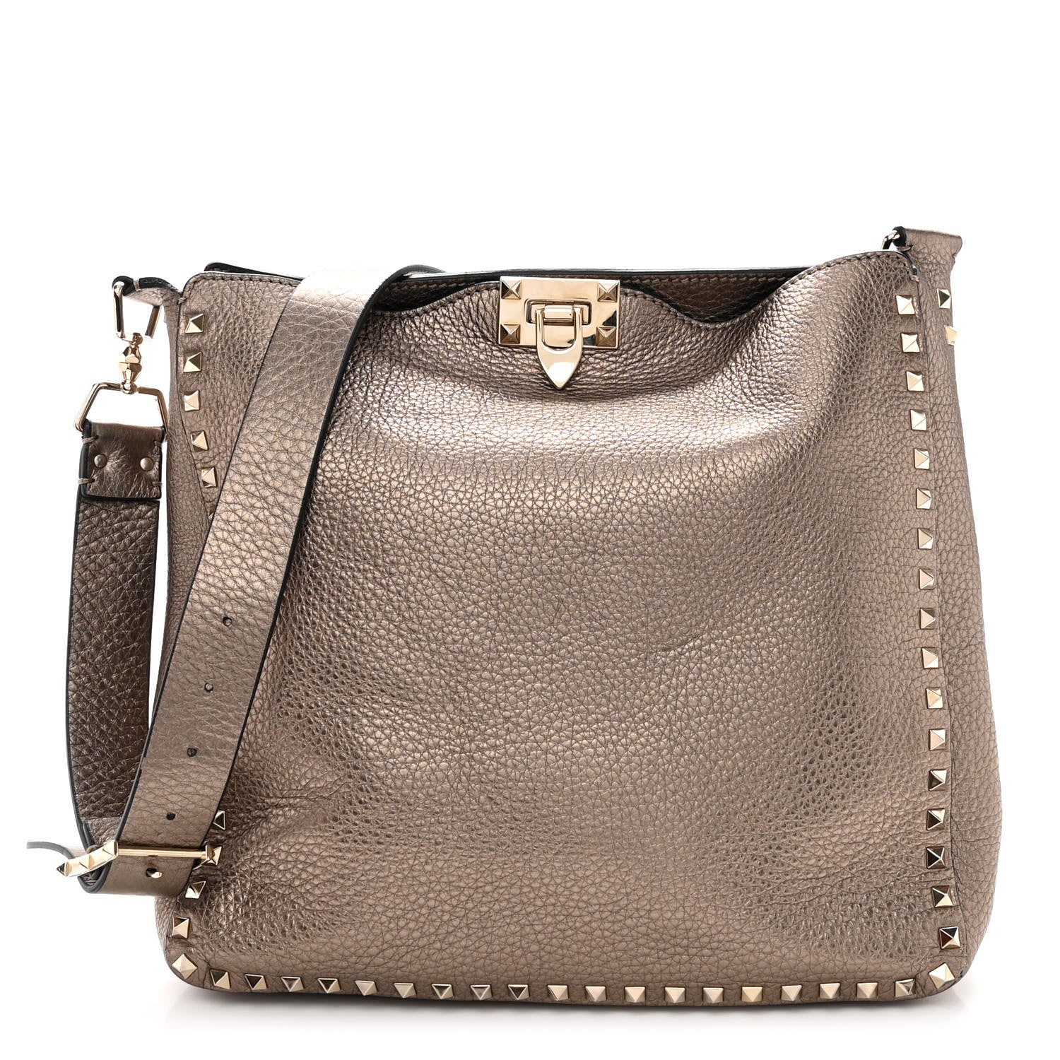Valentino Garavani Metallic Pebbled Calfskin Large Rockstud Flip-Lock Messenger Bag Sasso 1 of 10