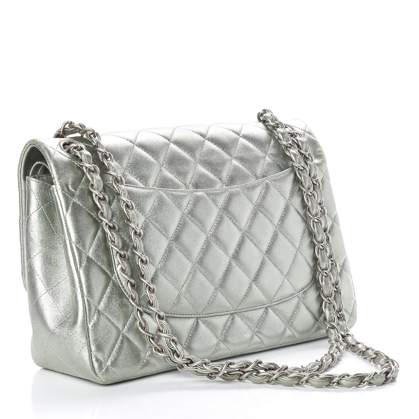 Metallic Lambskin Quilted Jumbo Double Flap Green
