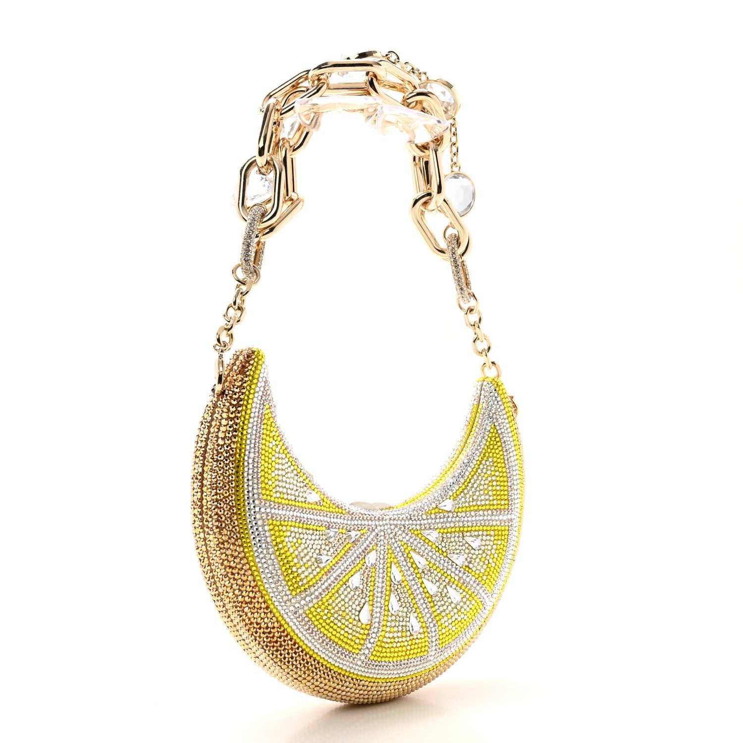 Judith Leiber Crystal Lemon Crescent Minaudiere Clutch Silver Citrine Multicolor 3 of 10
