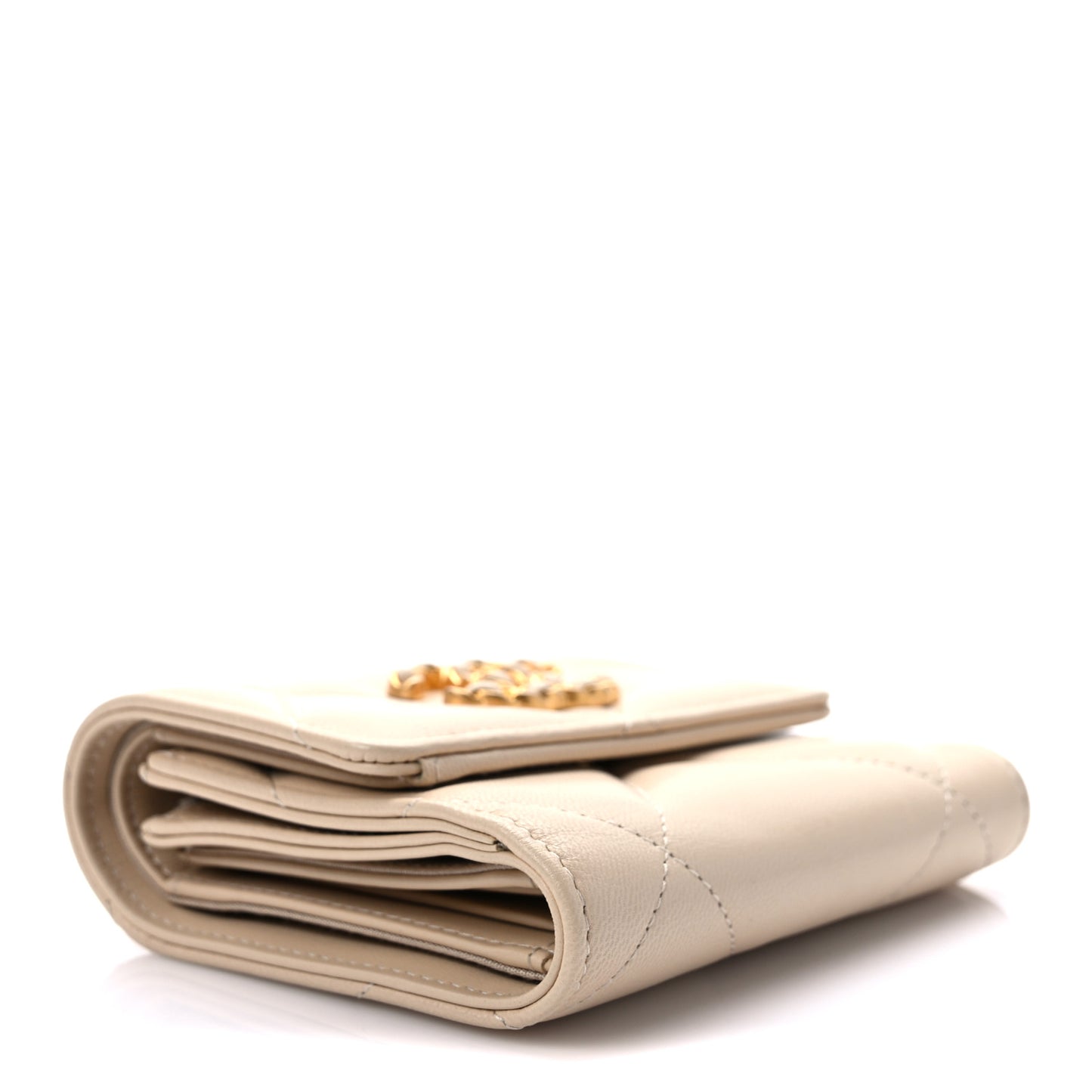 Goatskin Quilted Chanel 19 Small Flap Wallet Beige