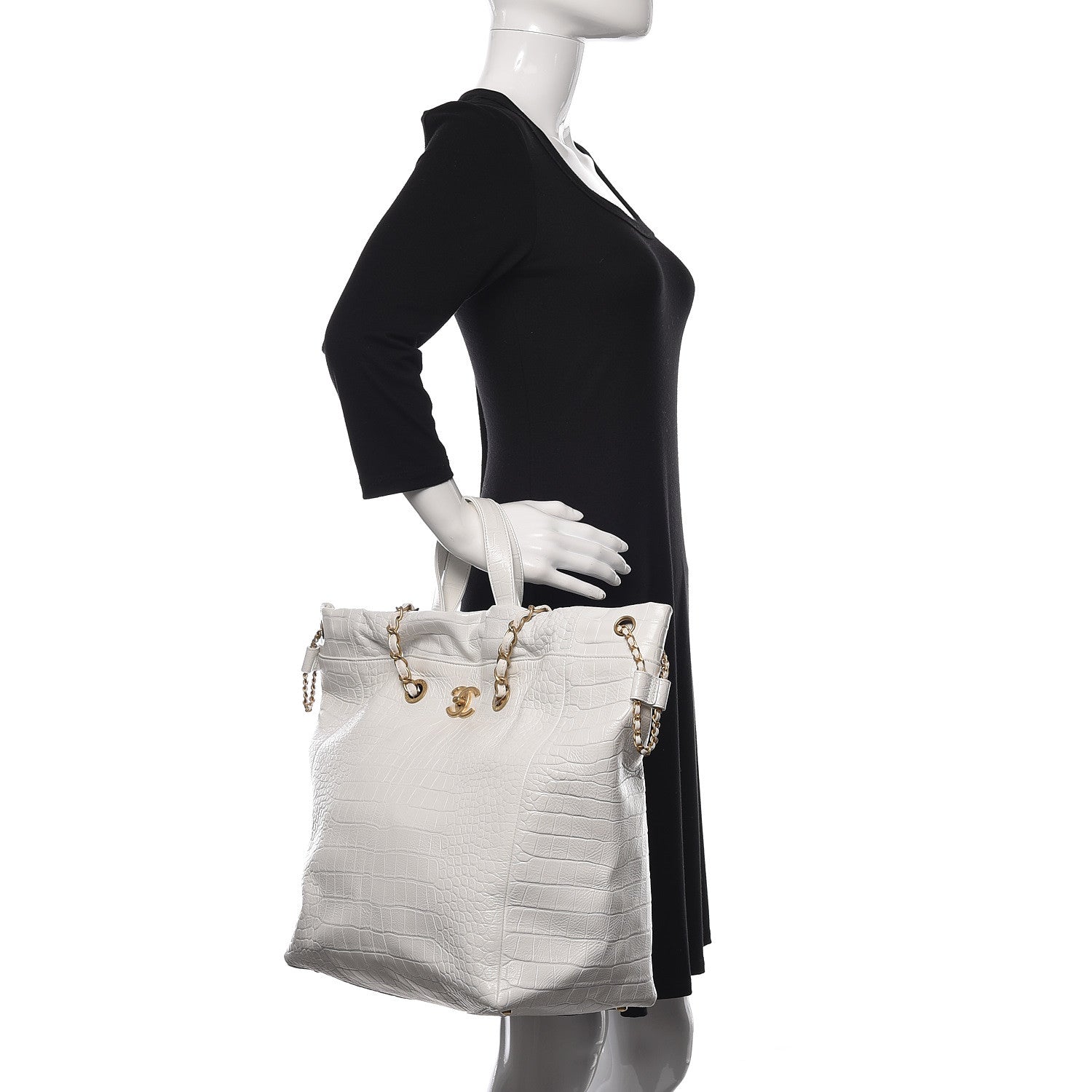 Chanel Calfskin Crocodile Embossed Large Cocodile Shopping Tote White 3 of 11