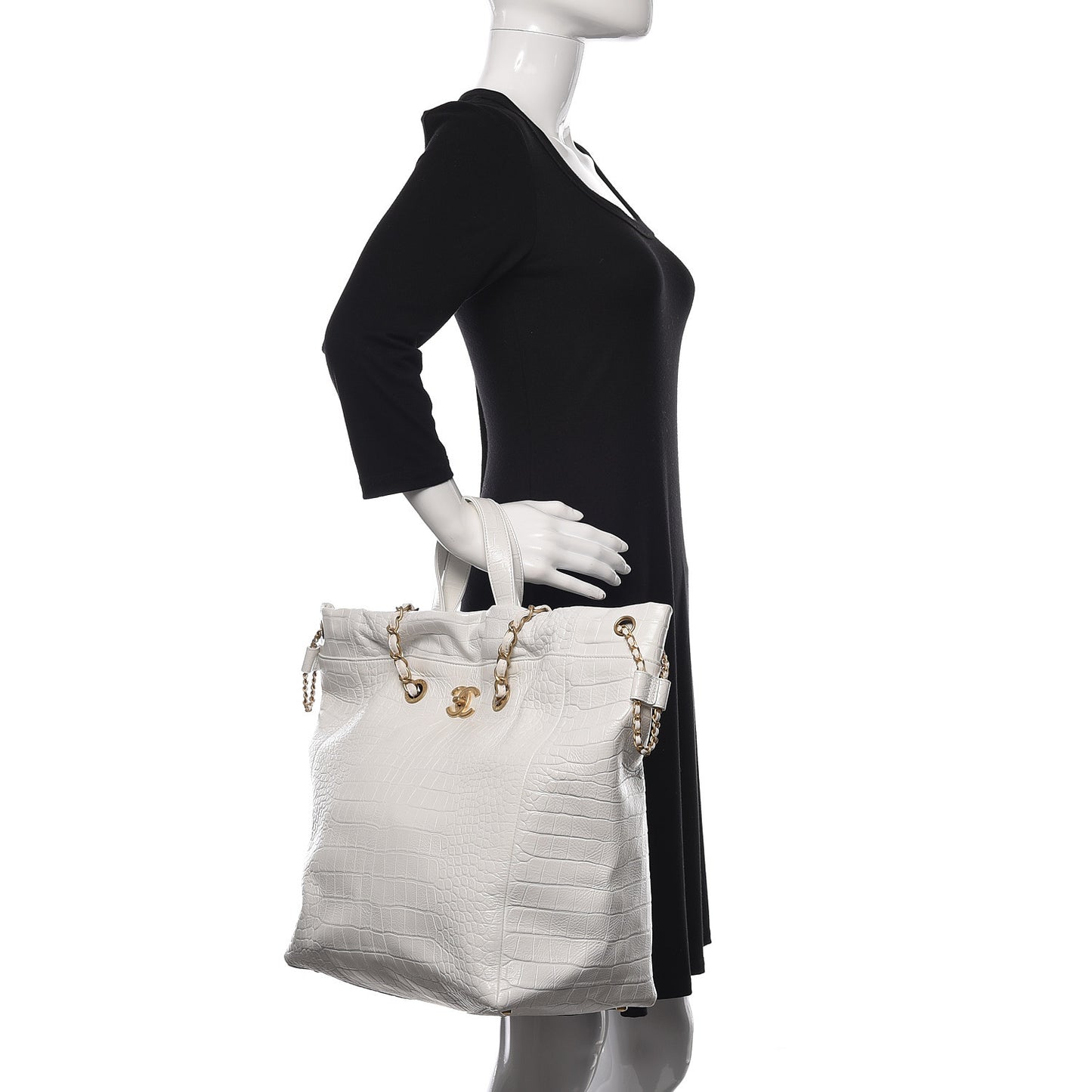 Calfskin Crocodile Embossed Large Cocodile Shopping Tote White