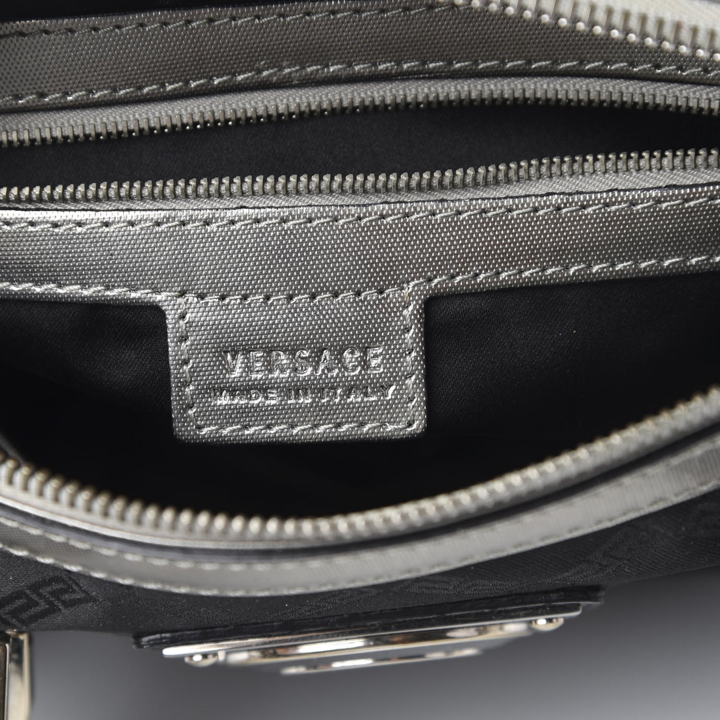 Saffiano Crocodile Embossed Calfskin Nylon Madonna Satchel Black Silver