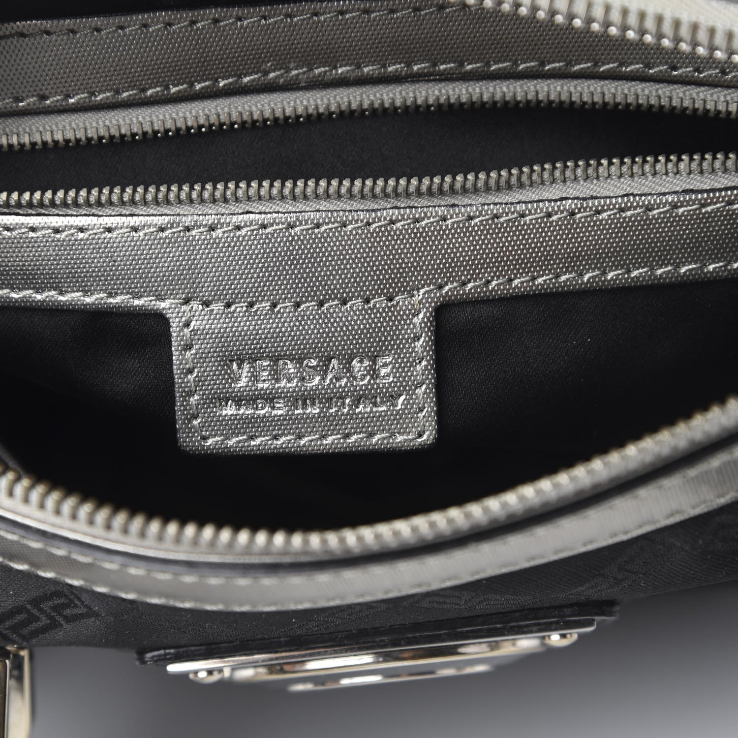 Versace Saffiano Crocodile Embossed Calfskin Nylon Madonna Satchel Black Silver 6 of 11