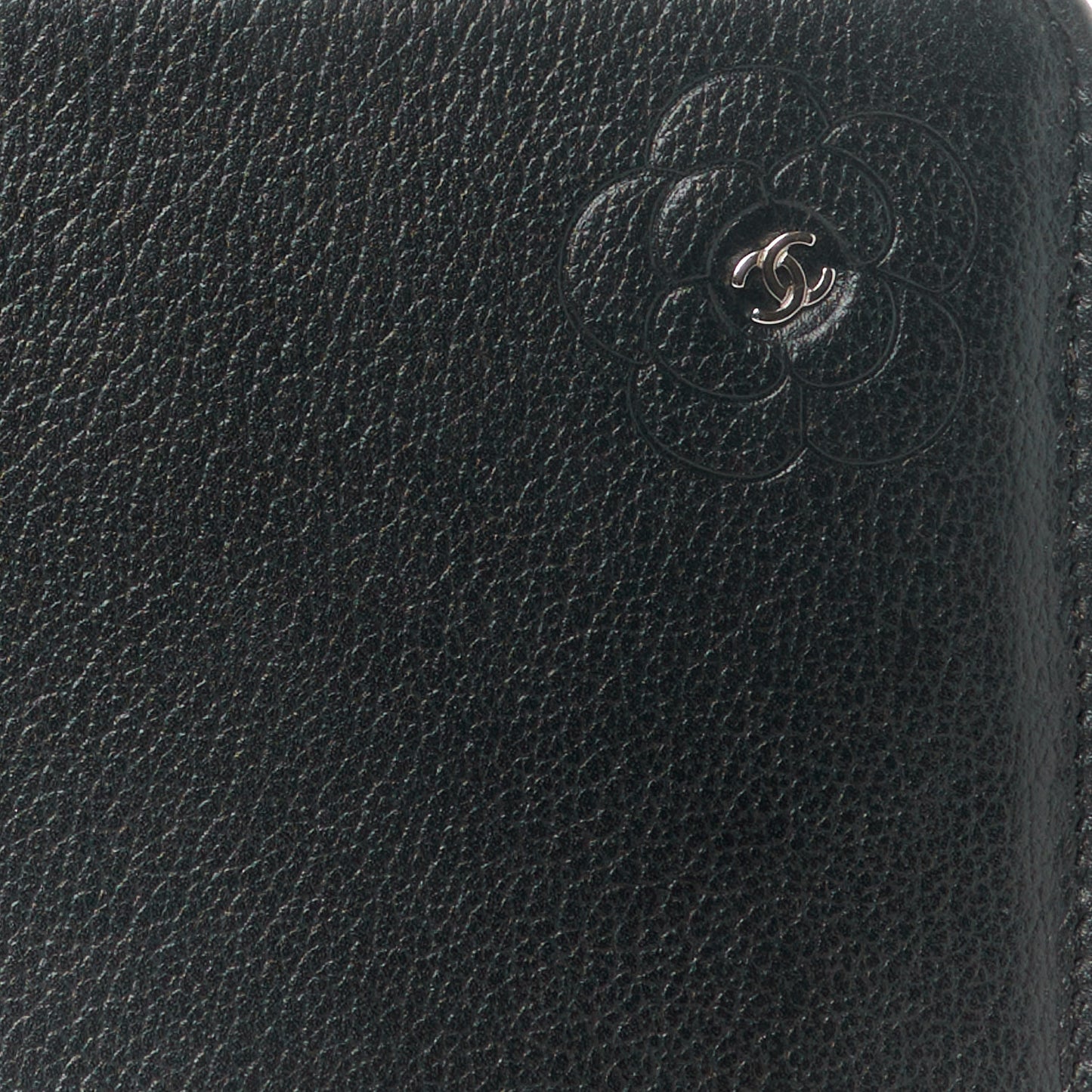 Goatskin Camellia Embossed Zip Around Organizer Wallet Black