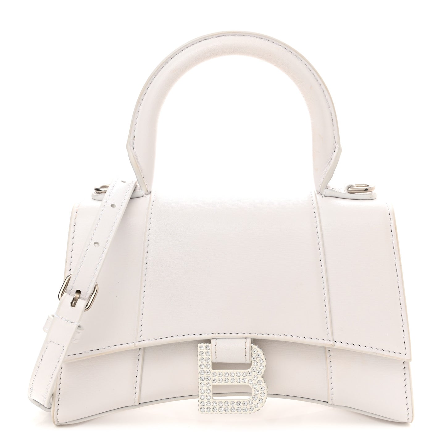 Shiny Box Calfskin Strass Hourglass Top Handle Bag XS White