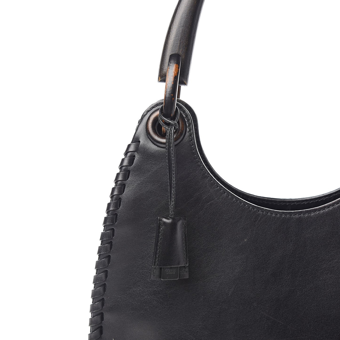 Calfskin Whipstitch Wooden Handle Small Hobo Black