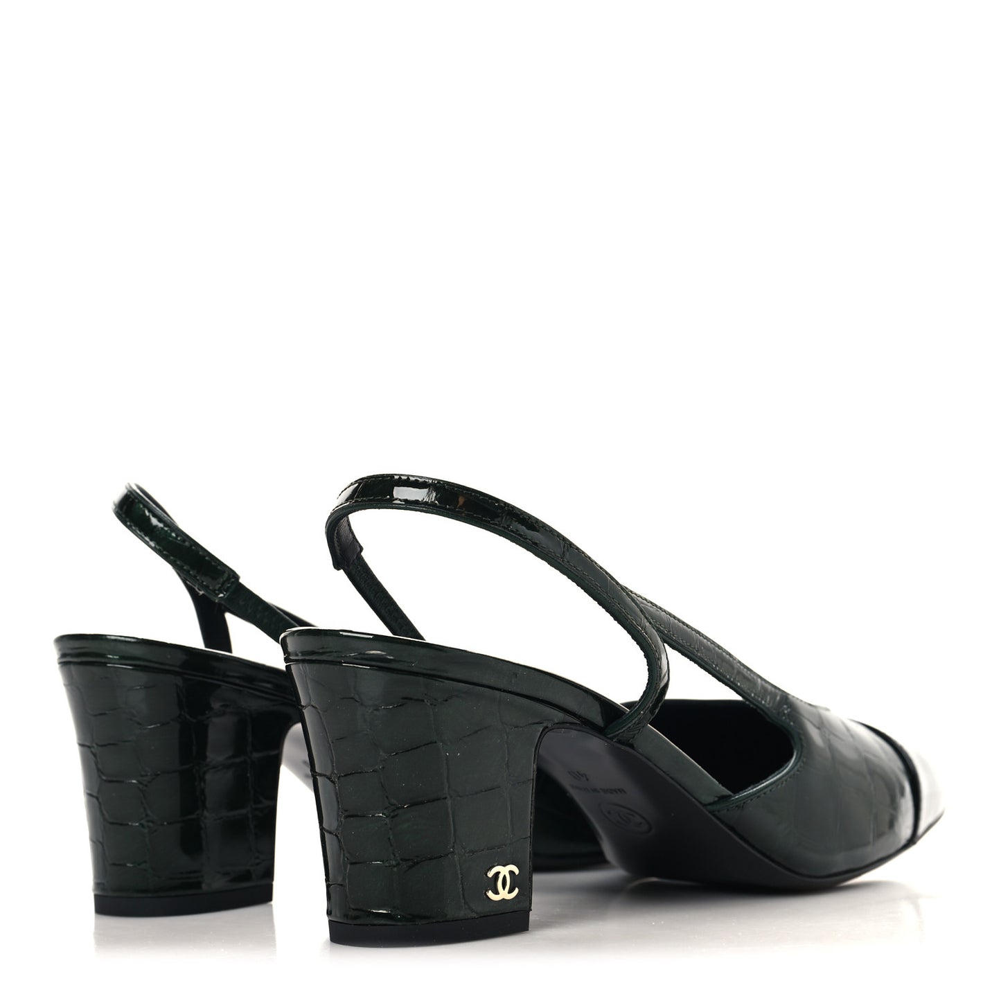 Patent Calfskin Crocodile Embossed Cap Toe CC Slingback Pumps 36 Burgundy Black 37.5 Dark Green Black 40 Dark Green Black