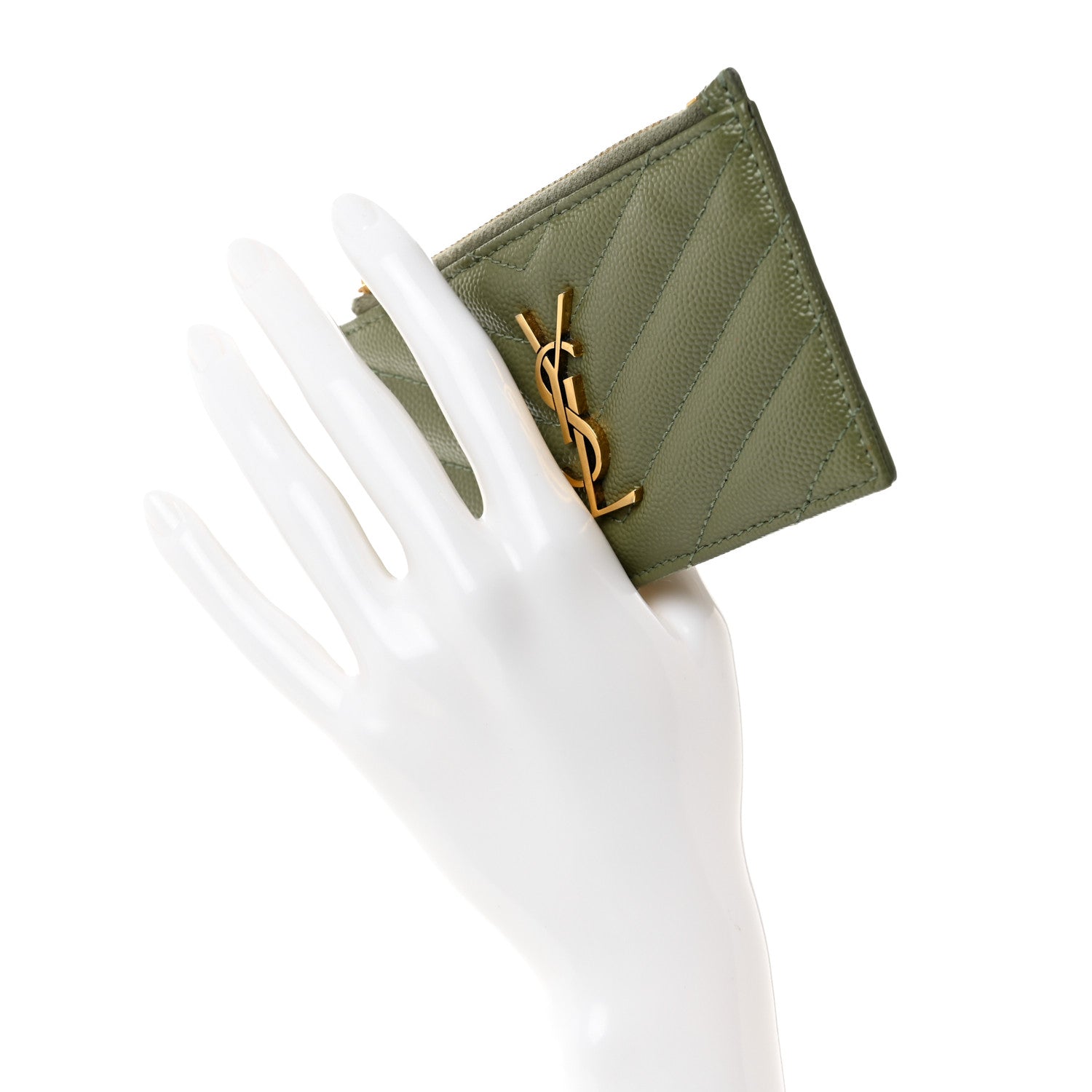 Saint Laurent Grain De Poudre Matelasse Chevron Monogram Fragments Zippered Card Case Light Sage 2 of 7