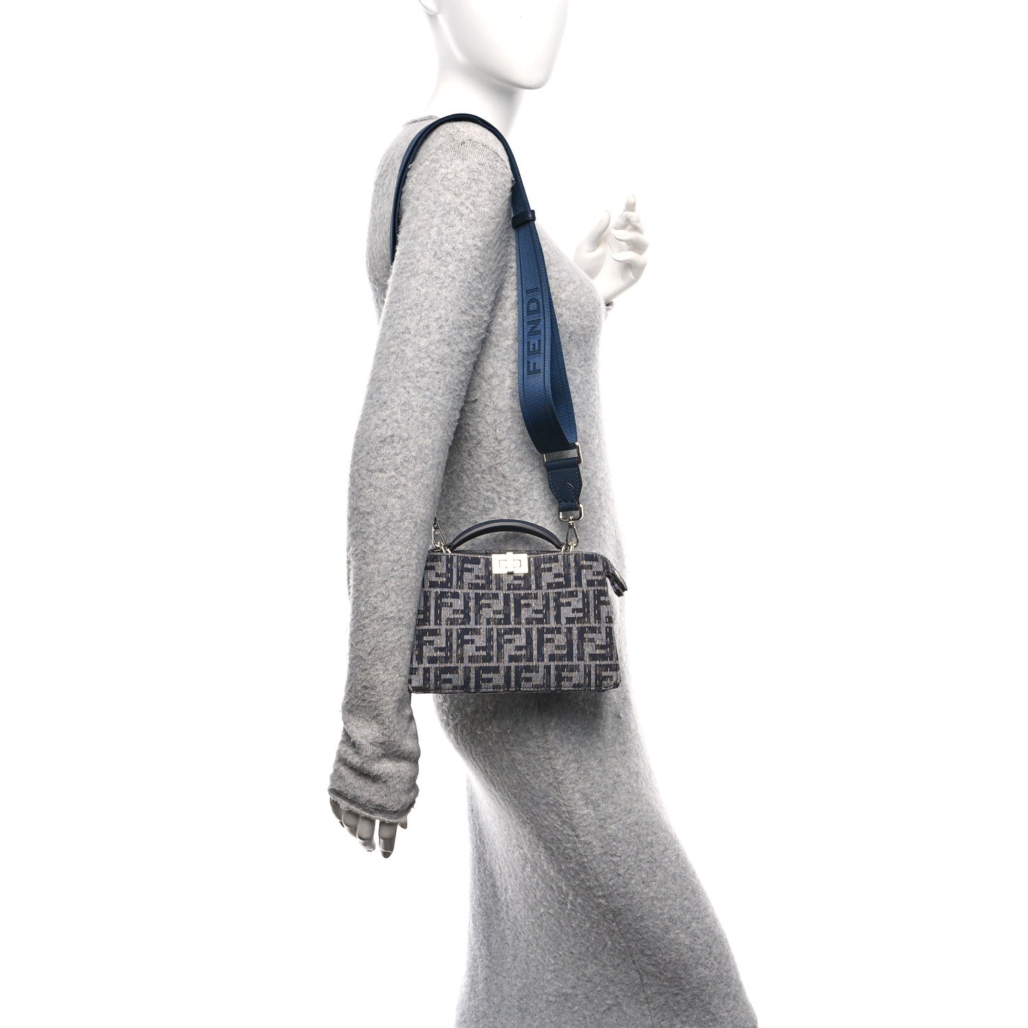 Fendi Chenille Vitello Seta FF Peekaboo I See U X Cross Satchel Blue Notte 2 of 11