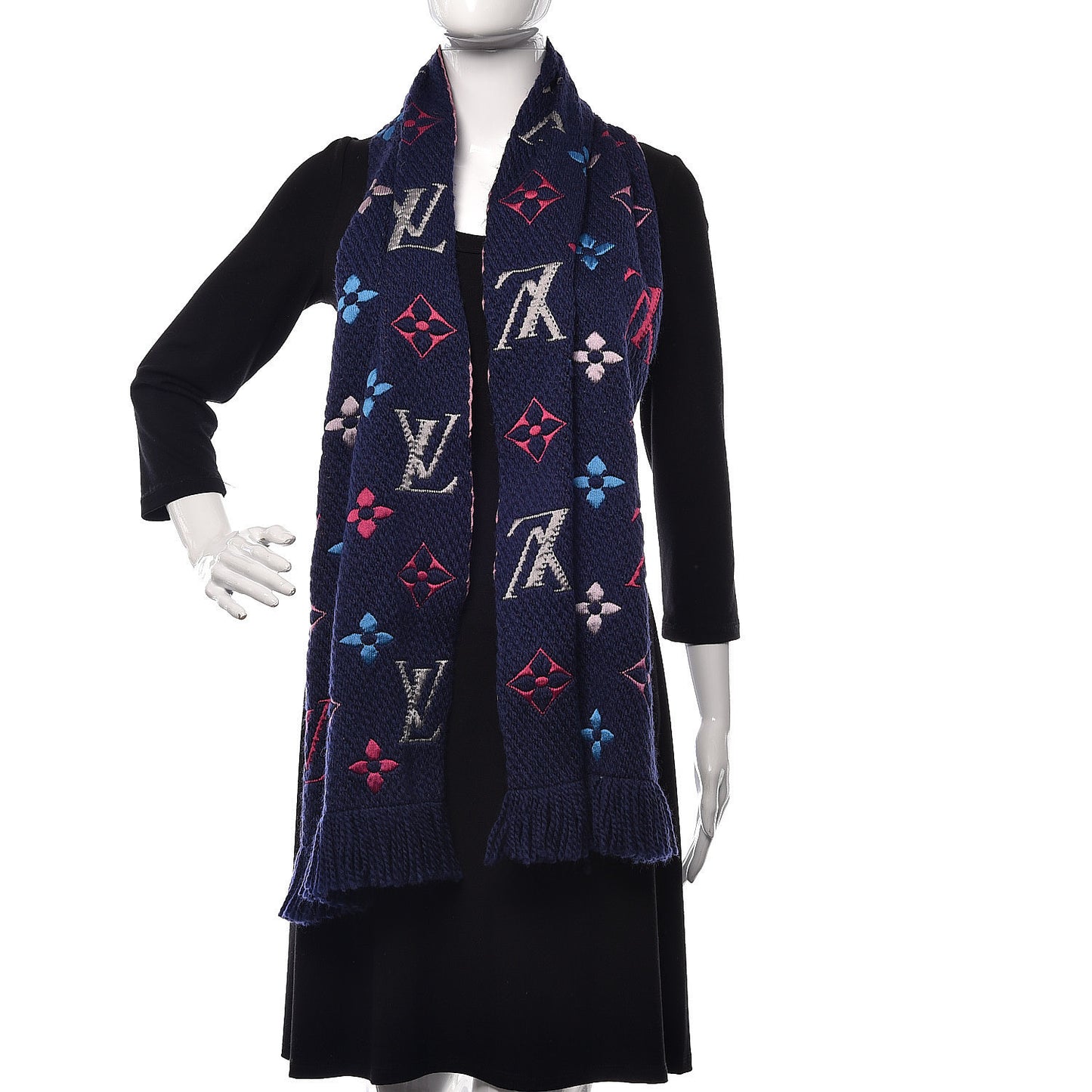 Wool Silk Rainbow Logomania Scarf Navy