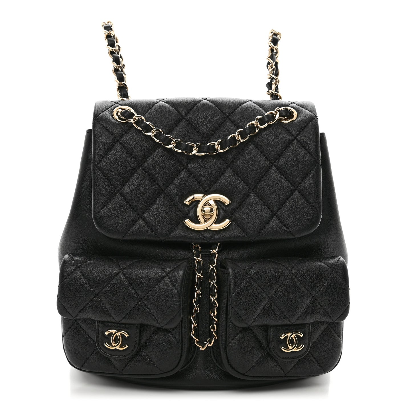 Calfskin Quilted Medium Duma Pockets Drawstring Backpack Black
