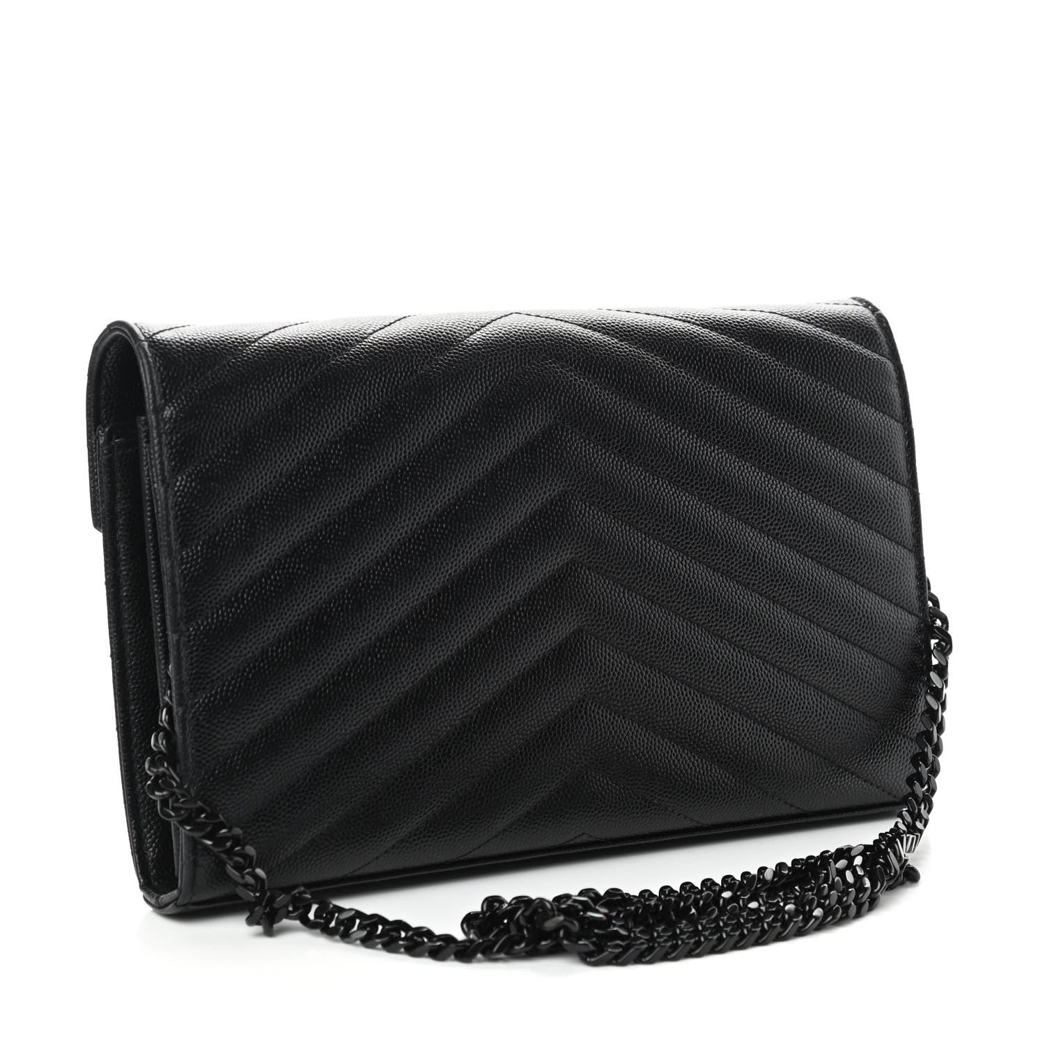 Saint Laurent Grain De Poudre Matelasse Chevron Monogram Chain Wallet Black 3 of 9