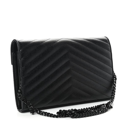 Saint Laurent Grain De Poudre Matelasse Chevron Monogram Chain Wallet Black 3 of 9