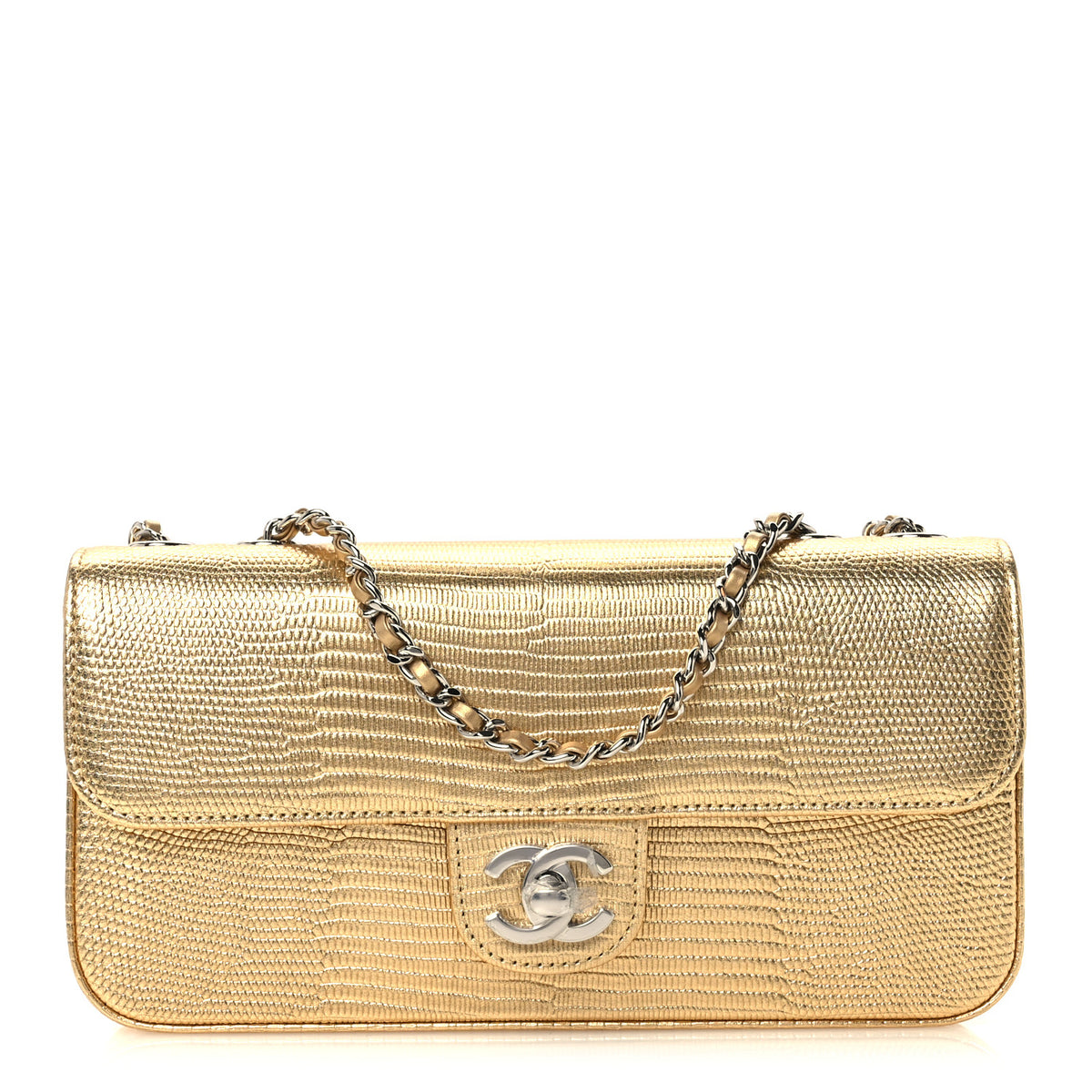 Chanel Metallic Calfskin Lizard Embossed Small East West Flap Gold 1 of 12