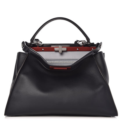 Fendi Vitello Seta Shiny Nappa Medium Peekaboo Iconic Satchel Blue Notte Ardesia 1 of 9