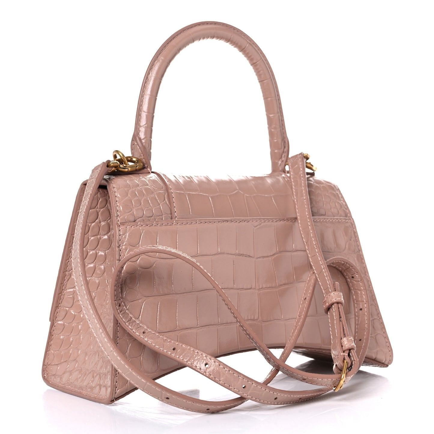 Shiny Calfskin Crocodile Embossed Small Hourglass Top Handle Bag Nude Beige