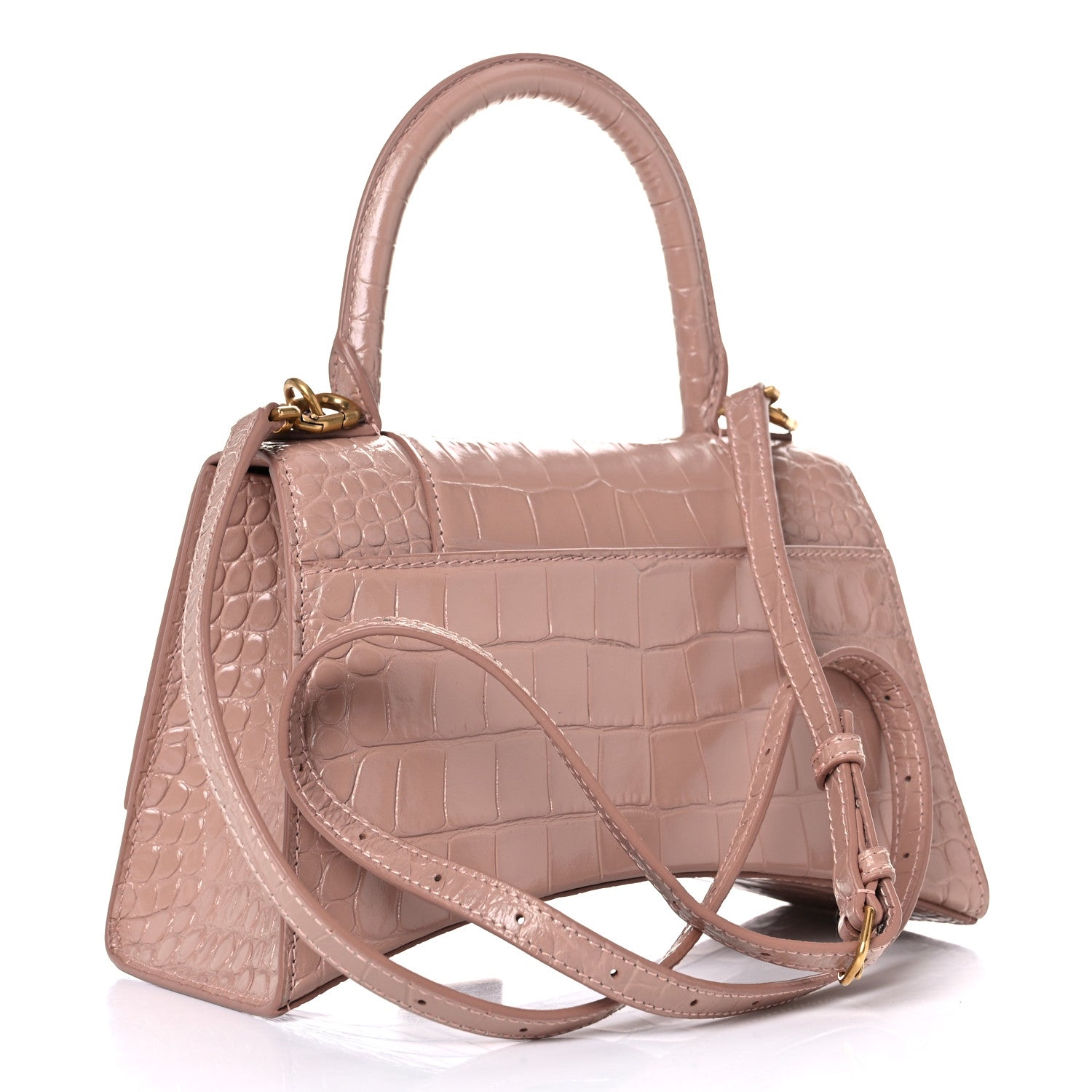 Balenciaga Shiny Calfskin Crocodile Embossed Small Hourglass Top Handle Bag Nude Beige 3 of 14