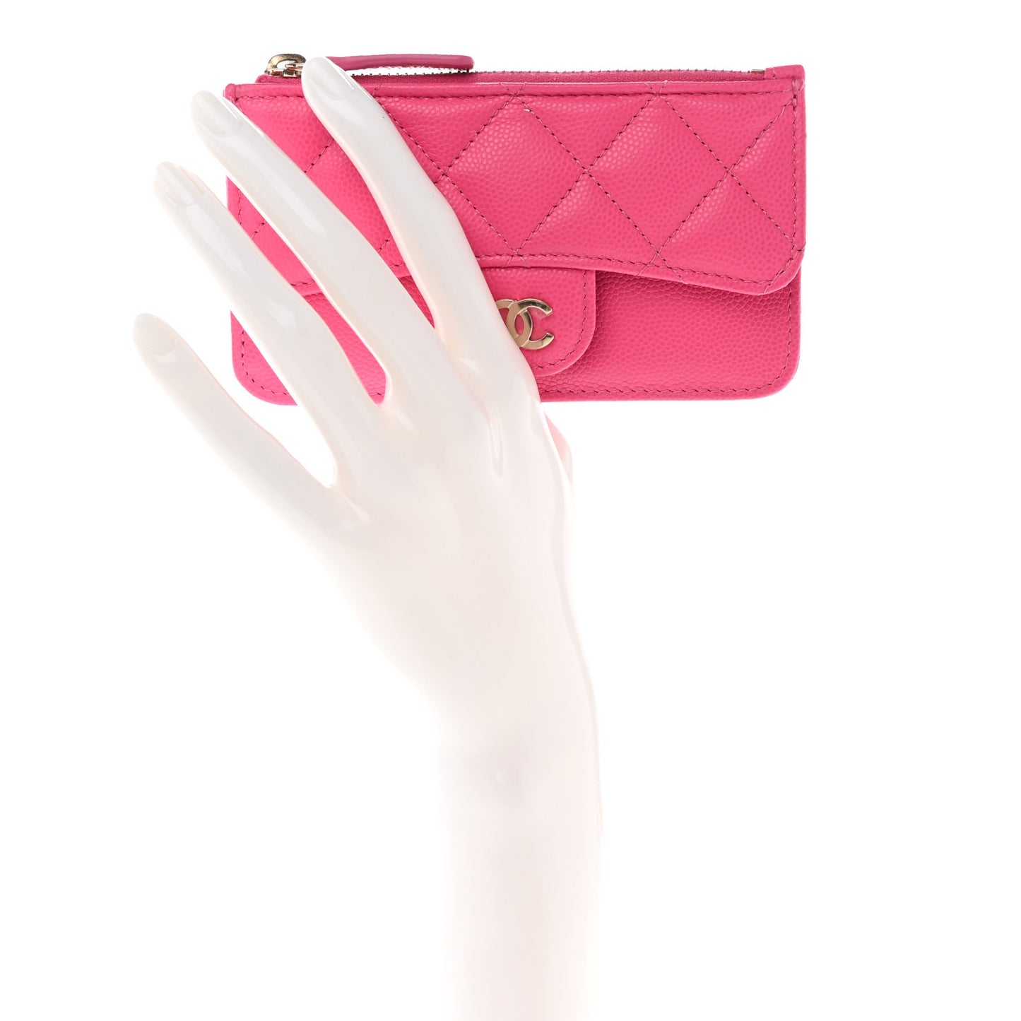 Caviar Quilted Flap Zip Card Holder Dark Pink