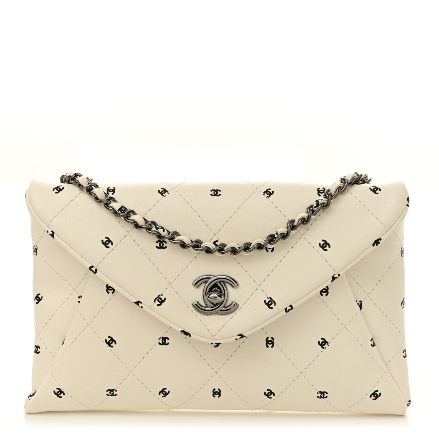 Printed Lambskin Logo CC Envelope Clutch With Chain White