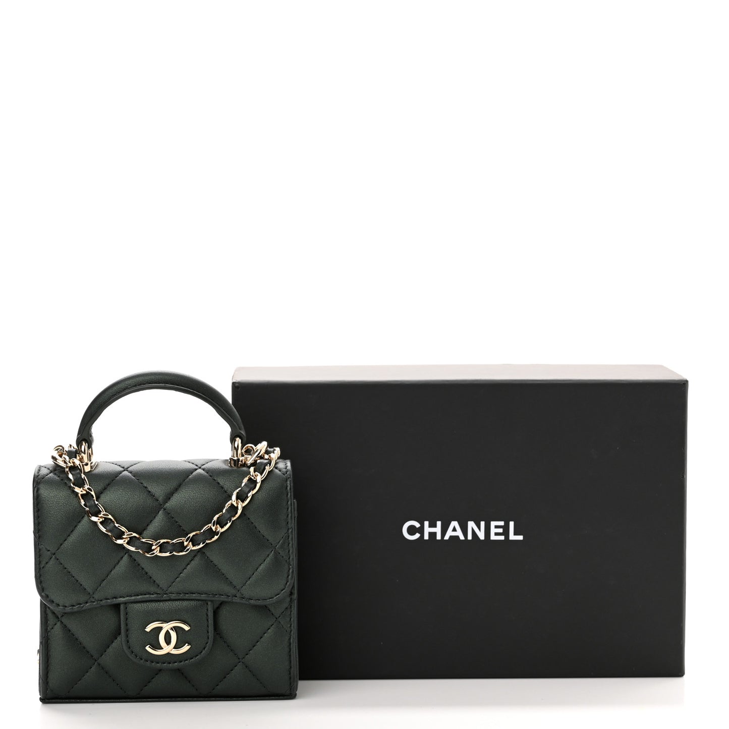 Iridescent Lambskin Quilted Top Handle Clutch With Chain Dark Green