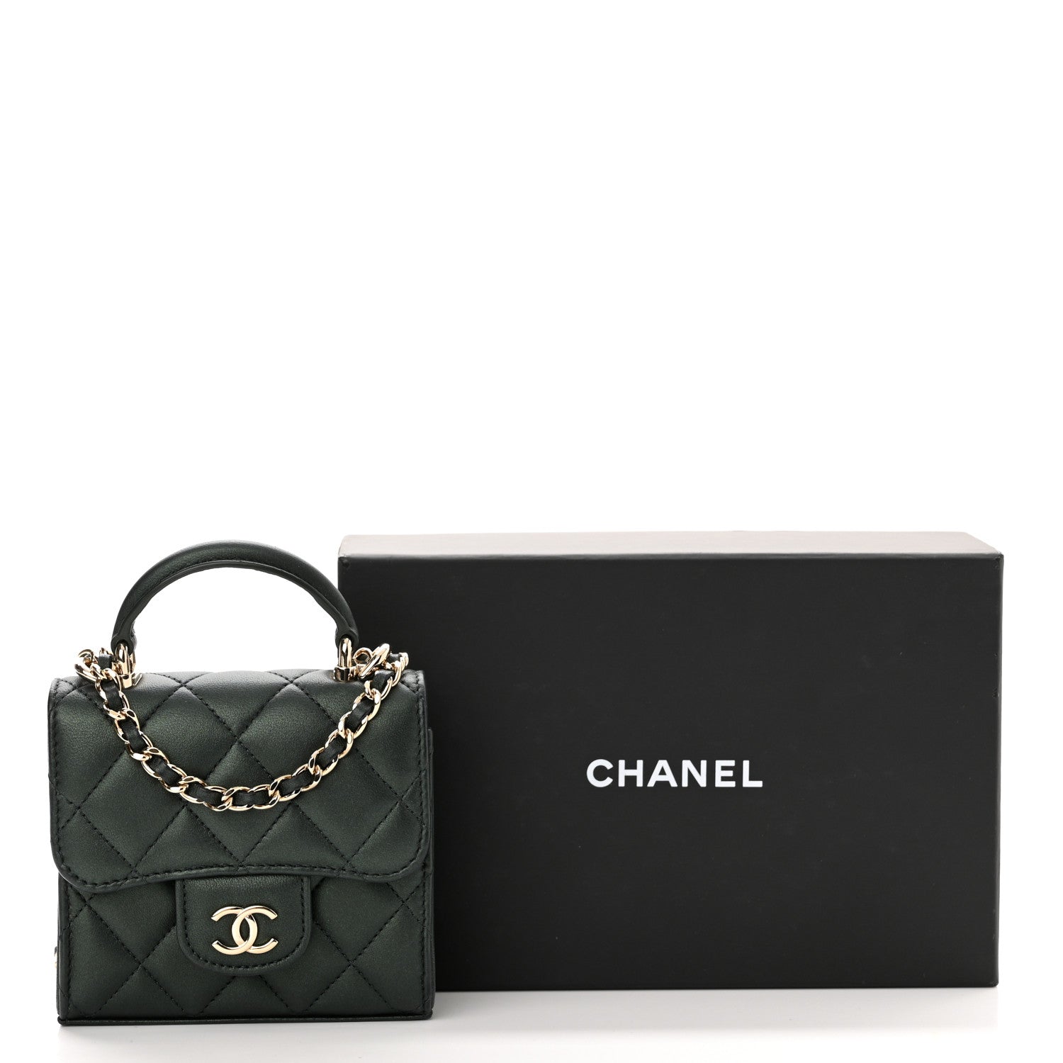 Chanel Iridescent Lambskin Quilted Top Handle Clutch With Chain Dark Green 13 of 13