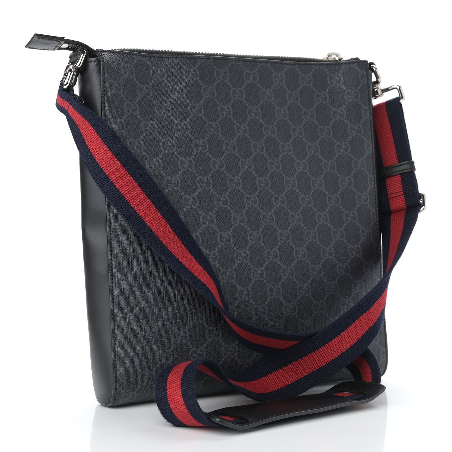 Gucci GG Supreme Monogram Appia Calfskin Web Flat Messenger Bag Black Grey 3 of 10