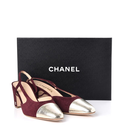 Chanel Kid Suede Metallic Lambskin Cap Toe CC Slingback Sandals 41 Burgundy Gold 9 of 9