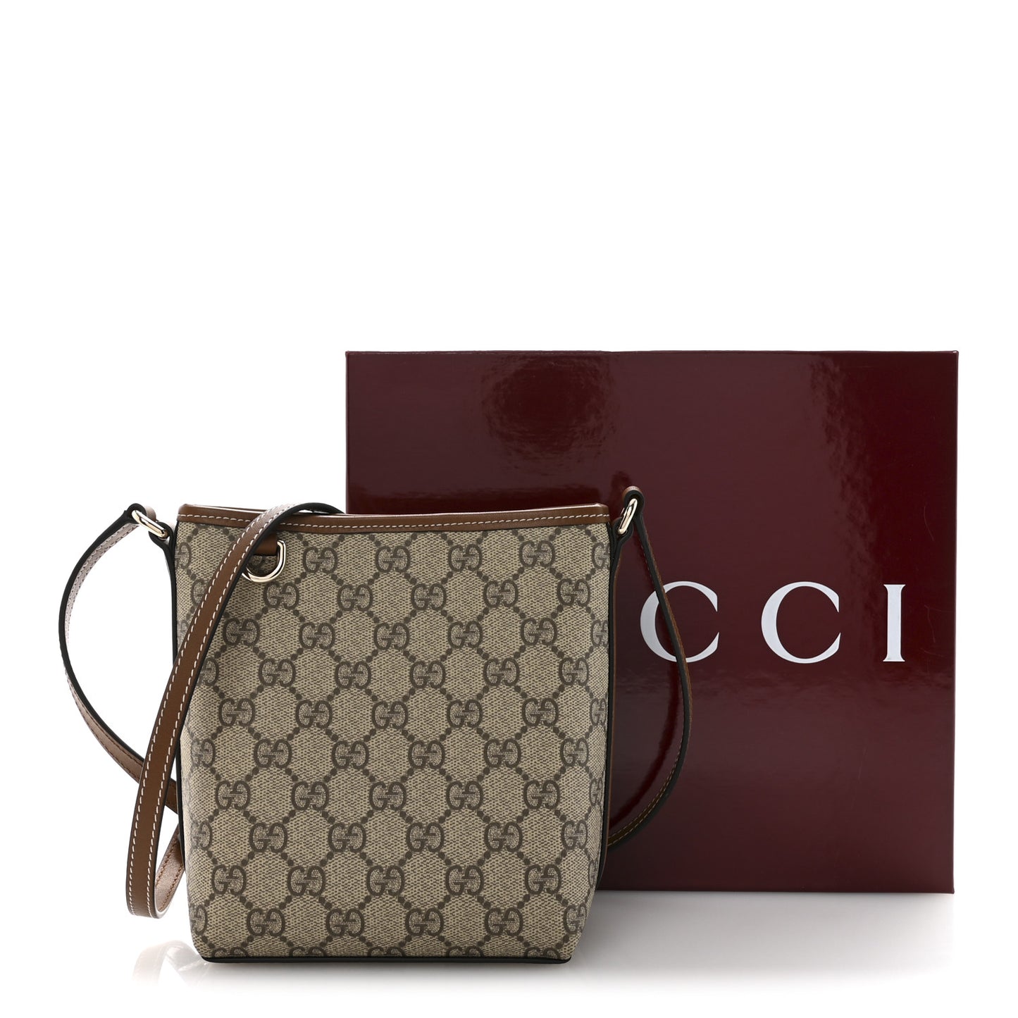 GG Supreme Monogram Emblem Nano Bucket Bag Beige Dark Brown