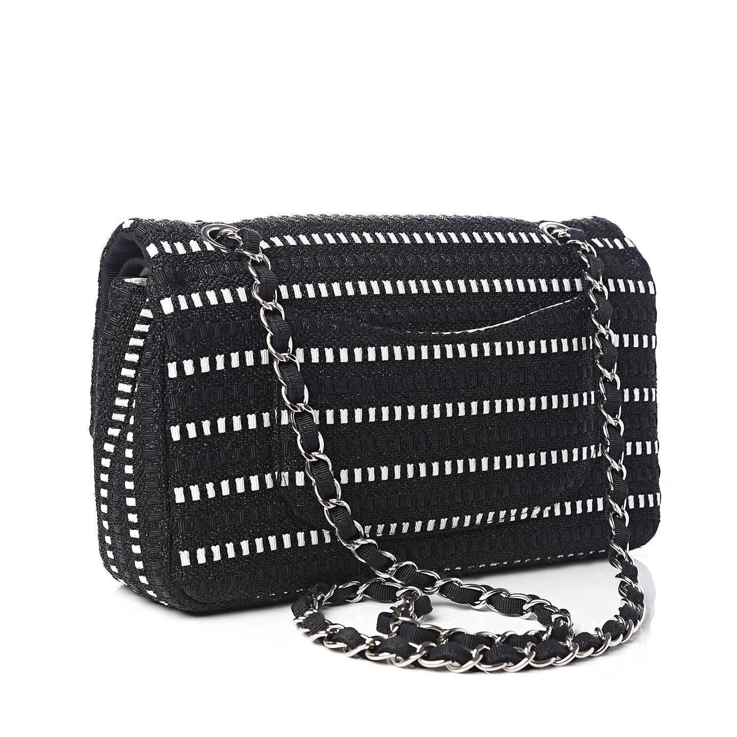 Tweed Ribbon Medium Double Flap Black White