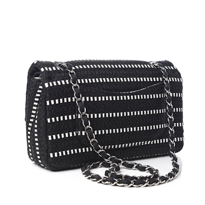 Chanel Tweed Ribbon Medium Double Flap Black White 3 of 10