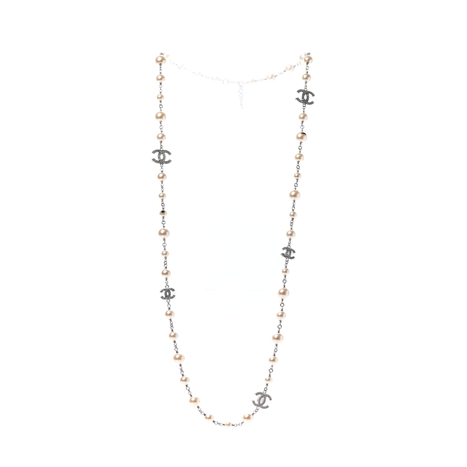 Chanel Crystal Pearl CC Long Necklace Silver 2 of 5