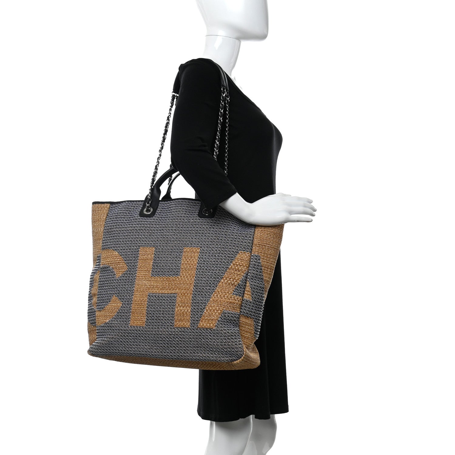 Chanel Woven Straw Raffia Logo Tote Blue Beige 2 of 11