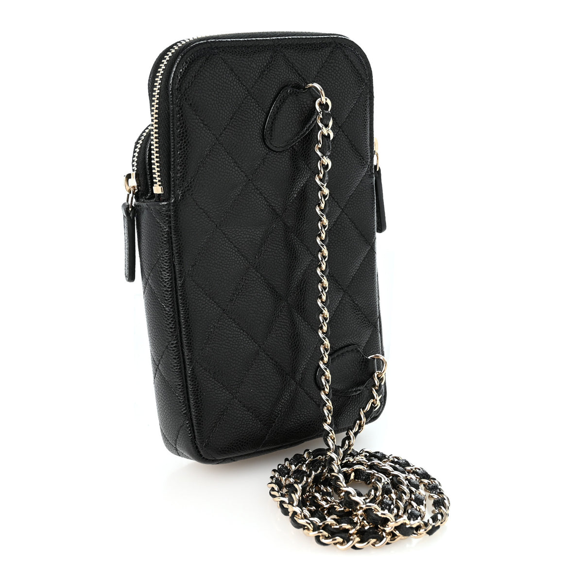 Caviar Quilted Phone Holder With Chain Black
