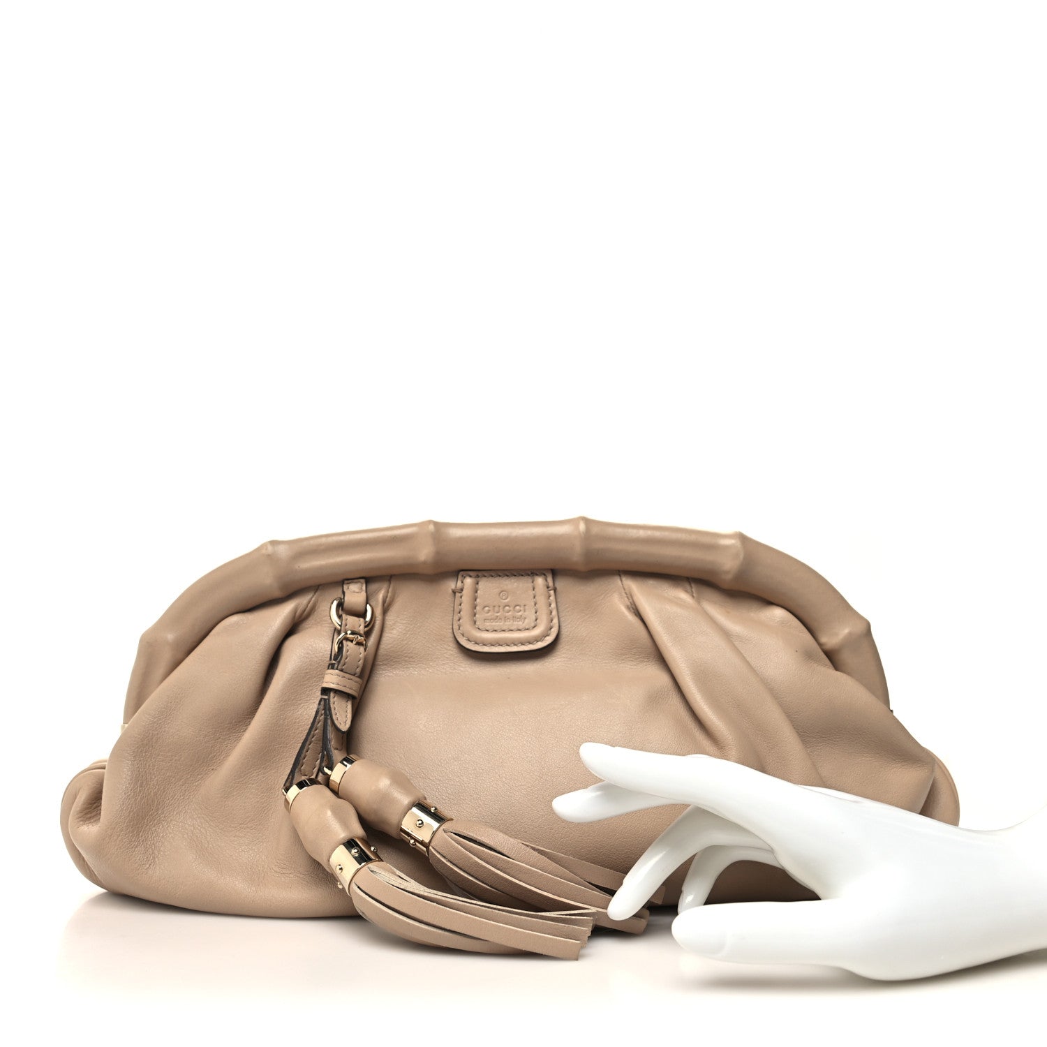 Gucci Calfskin Bamboo Frame Top Tassel Clutch Camelia 2 of 13