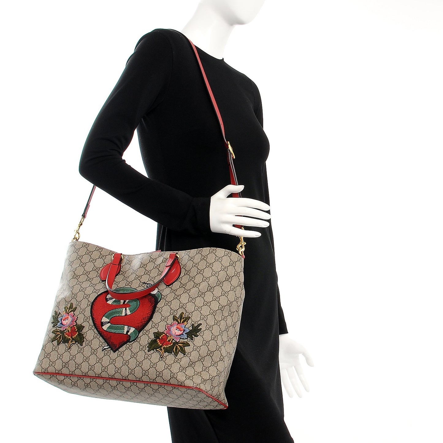 Soft GG Supreme Monogram Kingsnake Heart Embroidered Medium Crossbody Tote Beige Hibiscus Red
