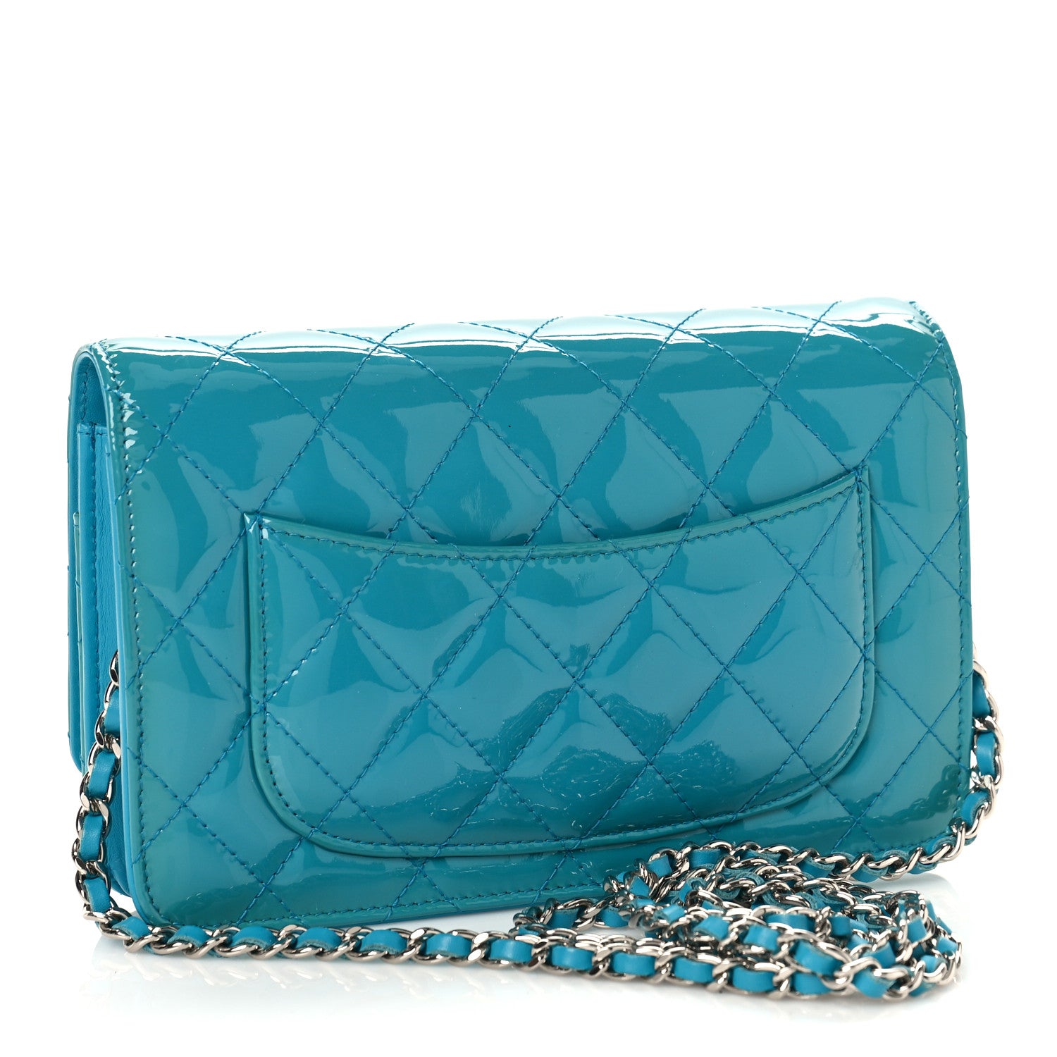 Chanel Patent Quilted Wallet On Chain WOC Turquoise Blue 3 of 10