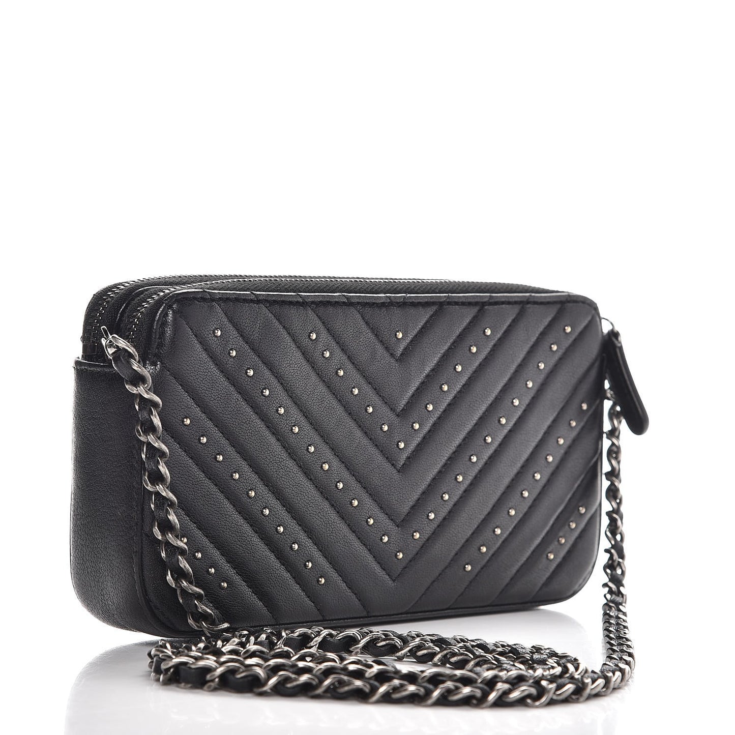 Sheepskin Chevron Quilted Studded Reissue Small Clutch With Chain Black