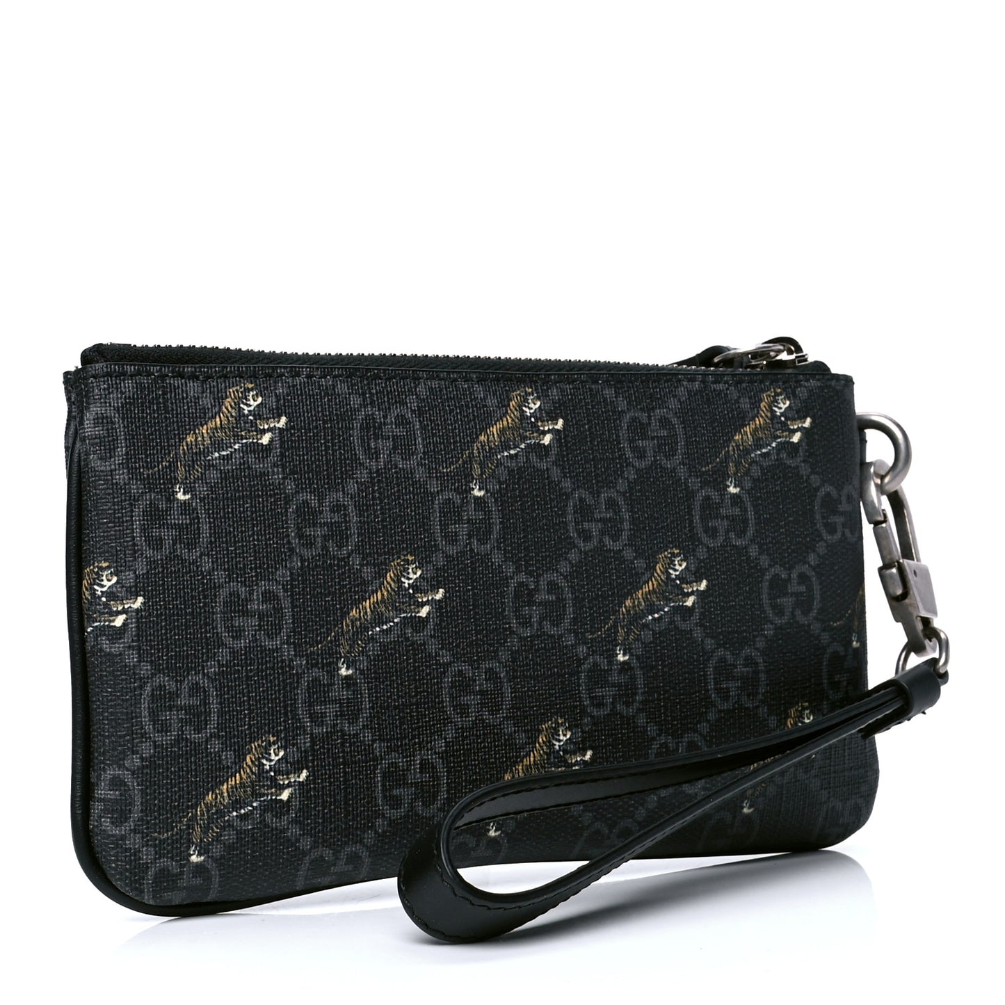 GG Supreme Monogram Tigers Zip Wristlet Pouch Black Multicolor