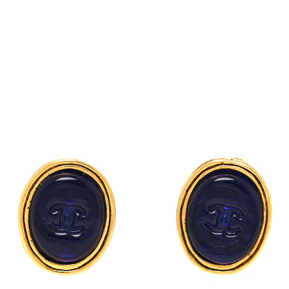 Chanel Resin CC Clip On Earrings Blue Gold 1 of 4