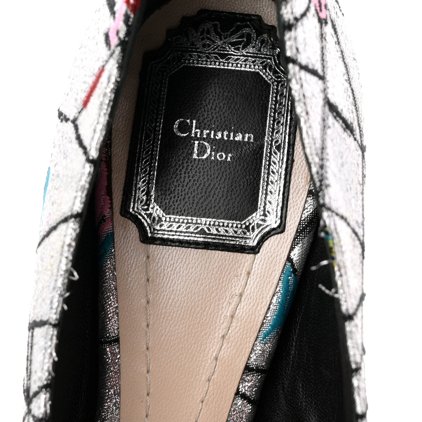 Lurex Embroidered Floral Pointed Toe Pumps 37 Silver Multicolor