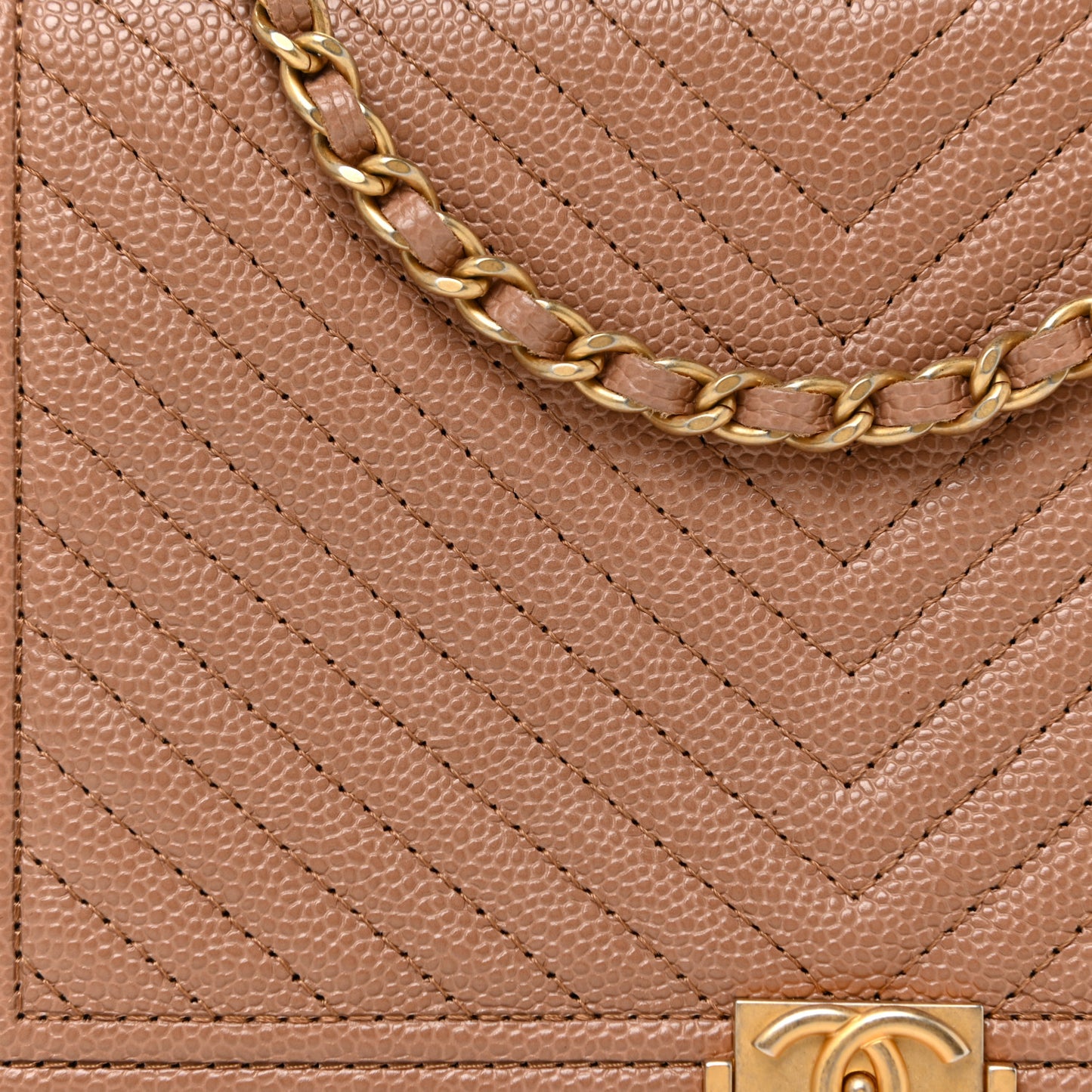 Caviar Chevron Quilted Boy Wallet On Chain WOC Dark Beige