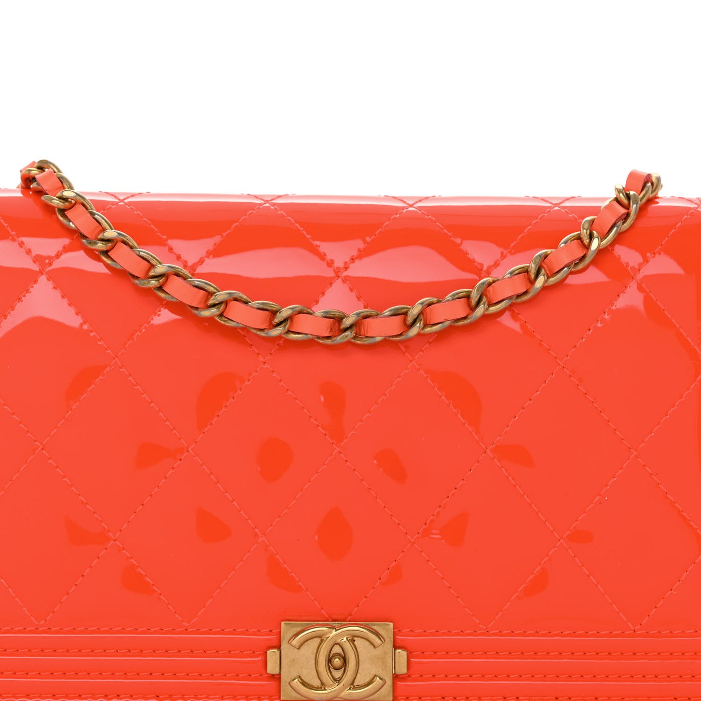 Patent Calfskin Quilted Boy Wallet on Removable Chain Orange