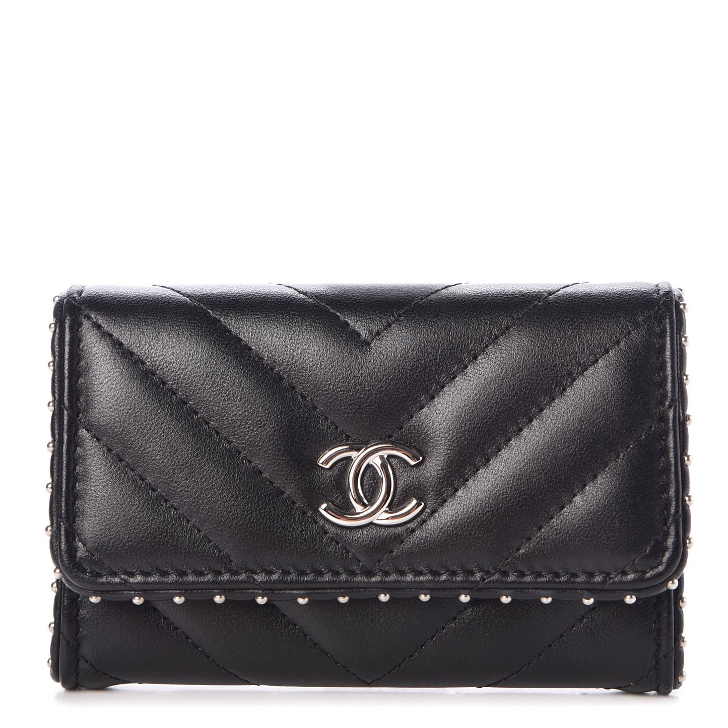 Lambskin Chevron Quilted Studded Card Holder Black