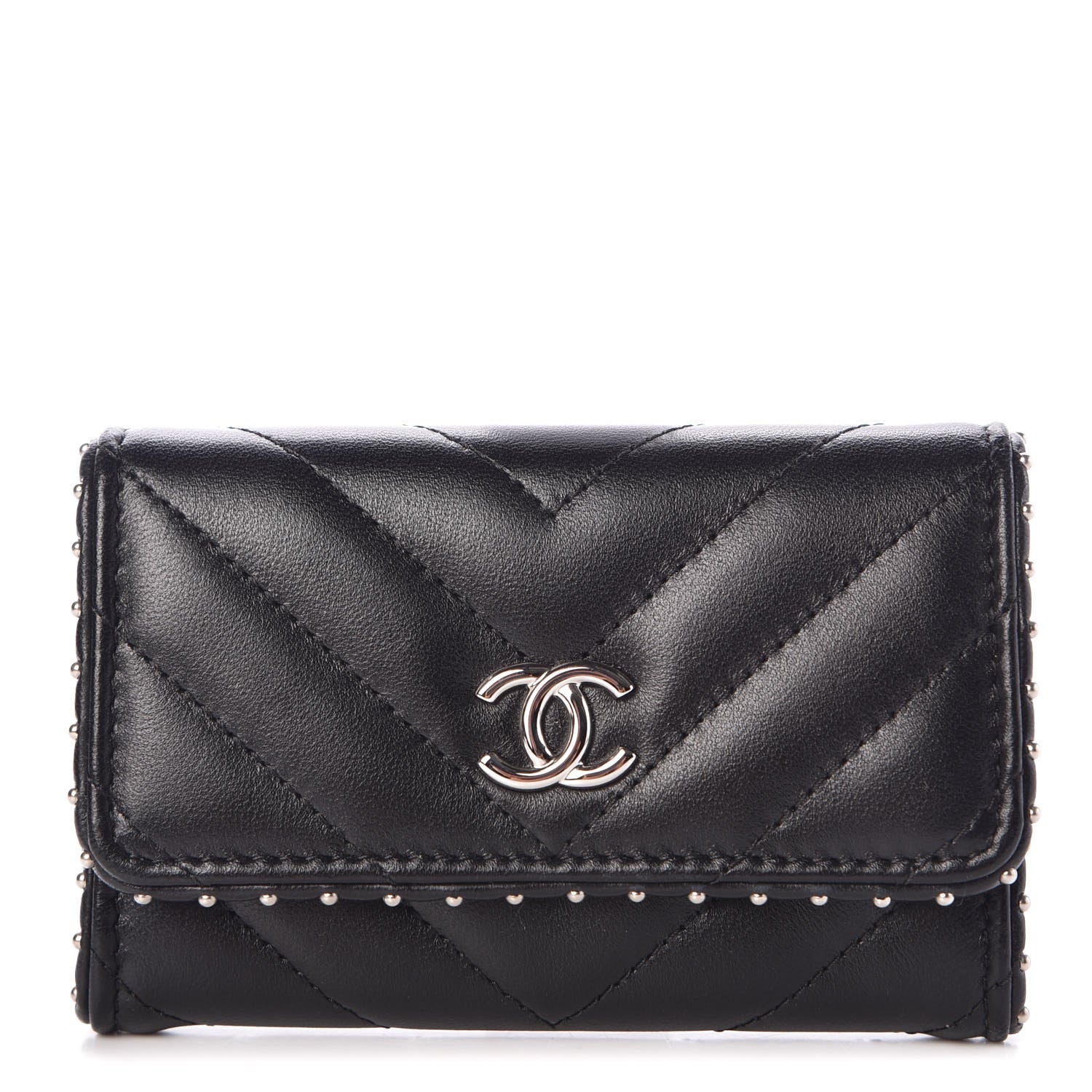 Chanel Lambskin Chevron Quilted Studded Card Holder Black 1 of 9