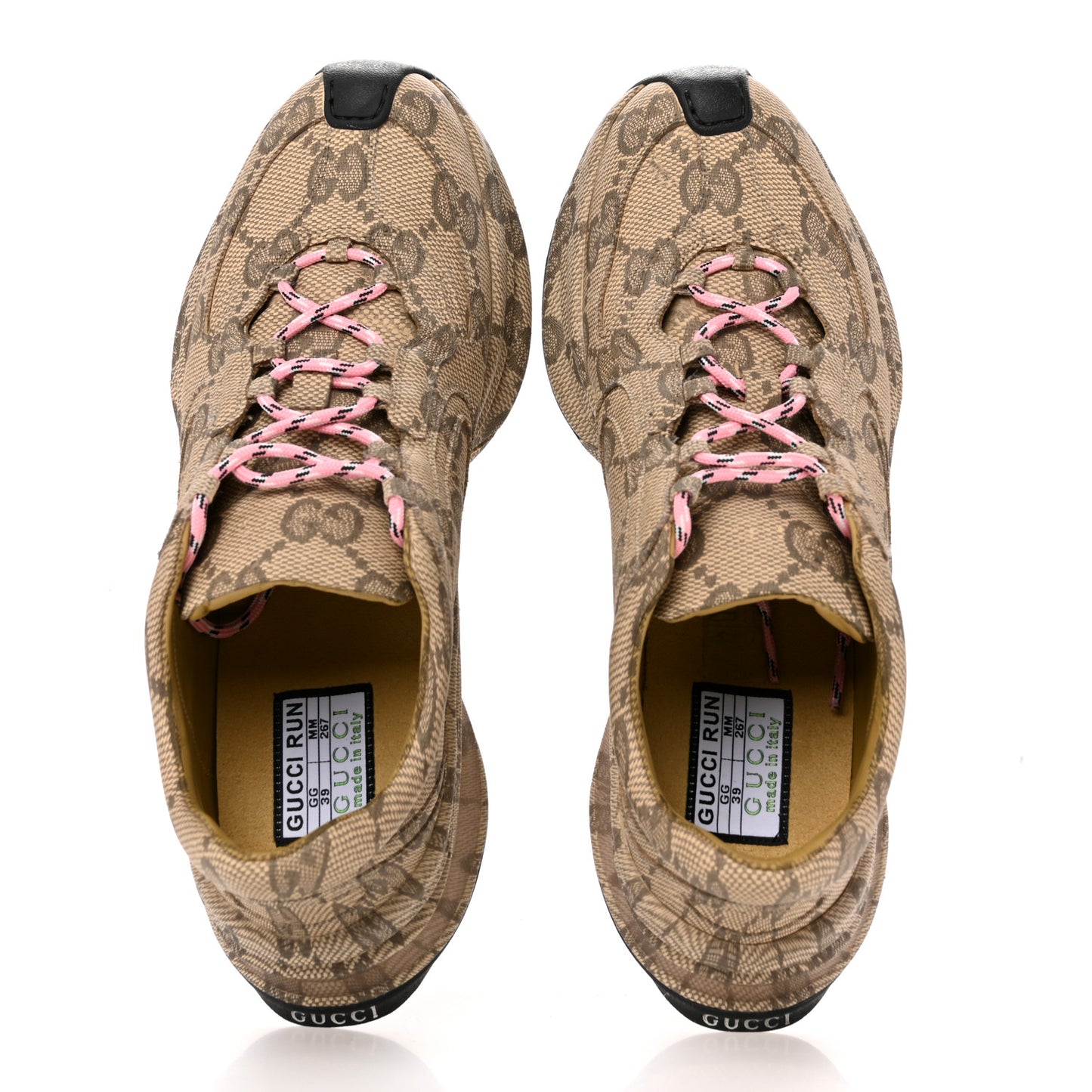 Ultralight Plume Calfskin Monogram Printed Womens Gucci Run Sneakers 39 Beige Ebony