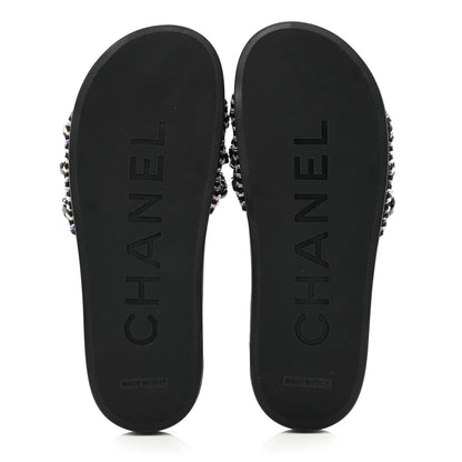 Chanel Tweed Lambskin Chain Flat Sandals 38 Black Multicolor 5 of 9