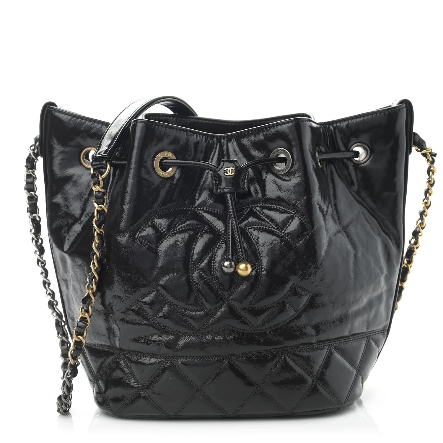Chanel Shiny Aged Calfskin CC Chain Drawstring Bag Black 1 of 11